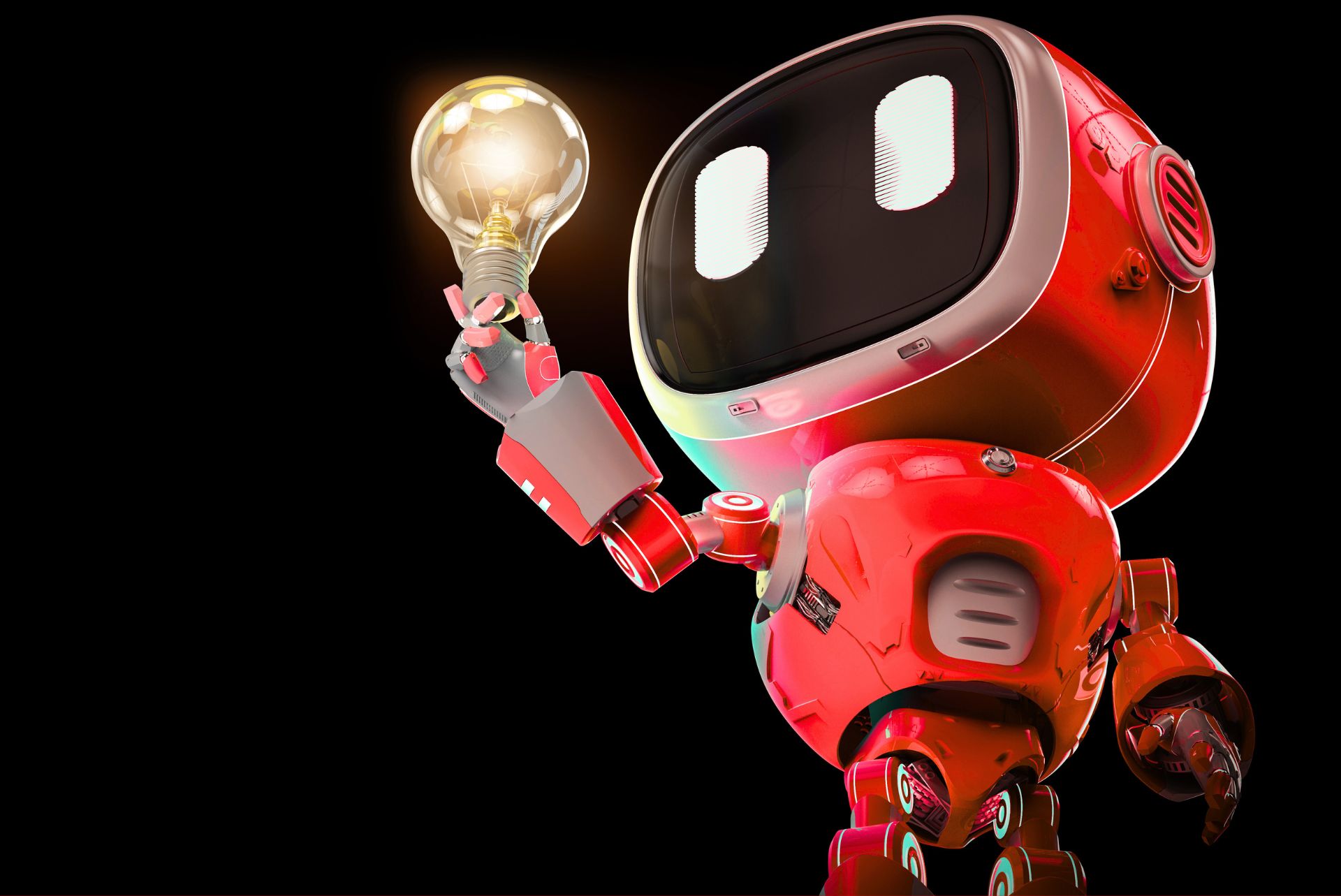 Robot rojo sosteniendo un foco de luz que representa inteligencia artificial e innovación tecnológica.