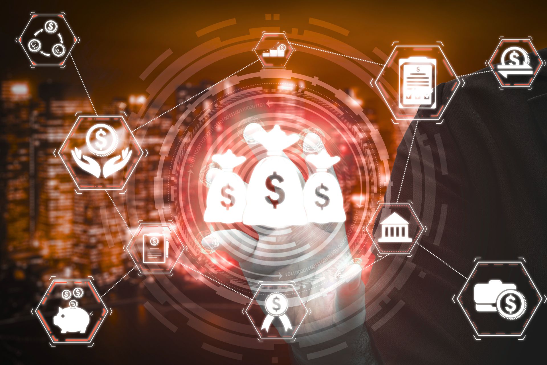 Ilustración digital con símbolos de dinero y tecnología financiera.